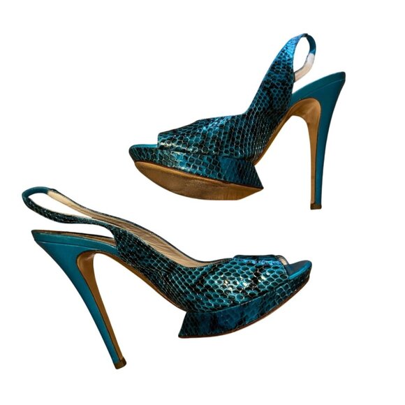 Nicholas Kirkwood Turquoise Snake Print Leather Slingback Platform Heels 40 US 9 - Picture 1 of 8